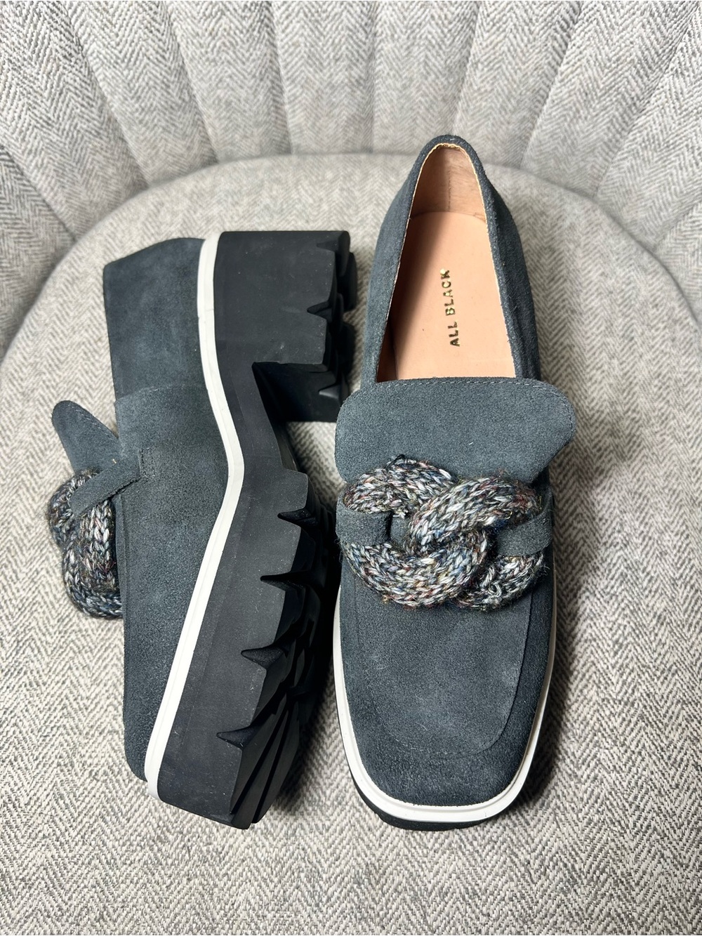 All Black Women's Dark Gray Suede Moccasin Loafers with Braided Accent